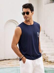 Mercer Haus 1 chiếc áo tank top nam cổ tròn in hình cây dừa, kiểu dáng thường ngày, thích hợp cho mùa hè. - Màu xanh hải quân - Xem 5