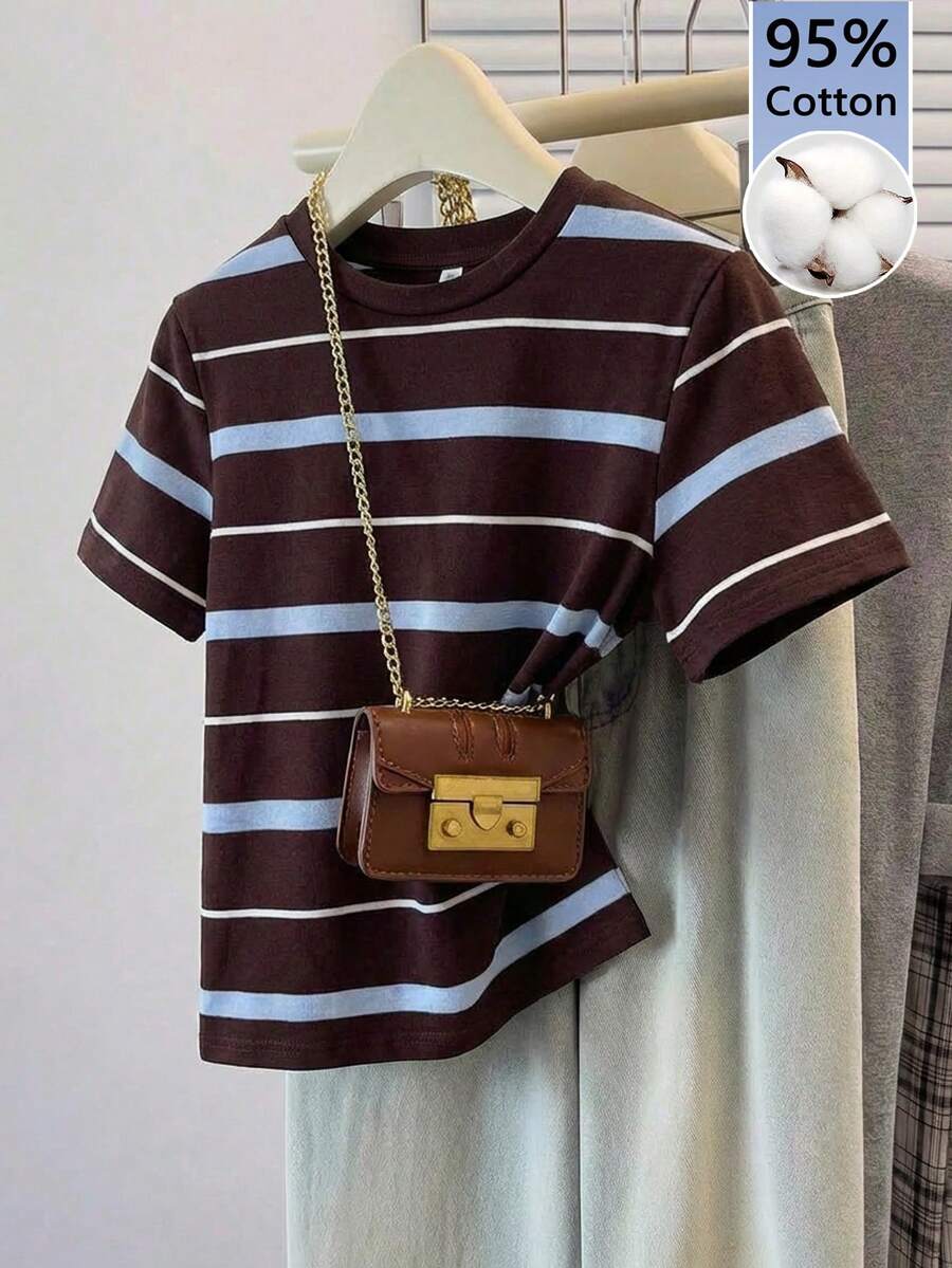 SHEIN Frenchy Áo thun nữ tay ngắn cổ tròn kẻ sọc, chất liệu 95% cotton, kiểu dáng thường ngày. - Nhiều màu - Xem 1
