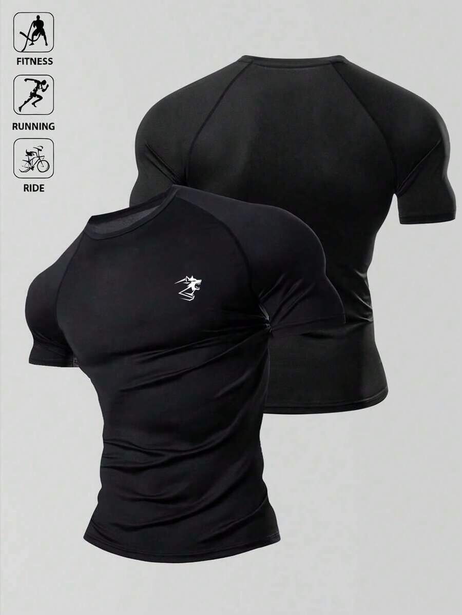 Acti Log 1 pieza Camiseta deportiva de compresión de manga corta con estampado gráfico y raglán para hombre, verano, gimnasio - Negro - Ver 1