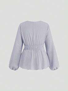 Sweetra Áo sơ mi dài tay kẻ sọc thắt eo dáng rộng dành cho nữ cỡ lớn - Màu tím hoa cà - Xem 2