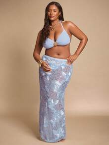SHEIN BAE Saia de biquíni plus size com detalhes em miçangas, azul-turquesa - Azul - Ver 3
