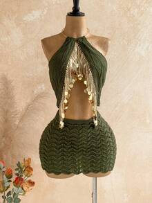 Soleia Bộ đồ gợi cảm dành cho nữ đi nghỉ mát, gồm áo tank top dệt kim cổ yếm đính sequin và tua rua, cùng chân váy ngắn dệt kim. - màu xanh lá - Xem 5