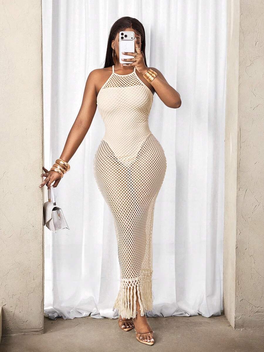 BamGleam Vintage Sexy Women's Light Beige Knitted Fabric Halter Neck Sleeveless Bodycon Midi Fringe Dress Beach Vacation Summer - Apricot - View 1