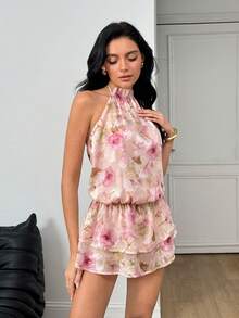SHEIN Đầm ngắn không tay in hoa dành cho nữ - Hồng - Xem 5