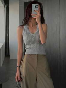 DAZY Women's Solid Color Fitted Halter Casual Sexy Street Sleeveless Sweater Vest Y2k Summer Back-To-School Golf Pastal - Grey - View 4