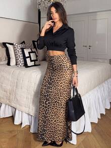 豹纹美人鱼下摆长款女裙 - 棕色 - 查看 4