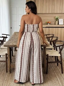 Weeklong Plus Size Women's Geometric Print Halter Jumpsuit, Waist Cinched, Beach/Resort Style, Spring/Summer - Multicolor - View 2