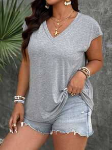 SHEIN LUNE Plus Size Soft Knit Elastic Fabric Round Neck Sleeveless Loose T-Shirt, Casual Business Casual Outing Vacation, Dating, Party, Basic Tee Summer - Grey - View 6