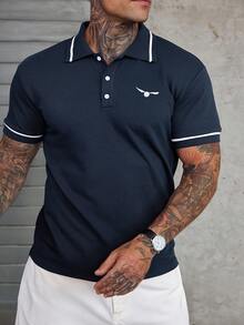 DAZY Navy Blue Patterned Print Polo Shirt With Branded Label Design, Summer - Navy Blue - View 6