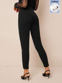 Amorya Women's Cotton Black High Waist Metallic Buckle Detail Skinny Pants Cropped Trousers Slim Fit Slacks For Work Autumn Elegant - Black - View 2