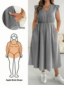SHEIN Essnce Black & White Striped Print Plus Size Women's Casual Vacation Short Sleeve Dress, Suitable For Spring/Summer - Multicolor - View 1