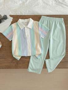 SHEIN LMoss Kids 2-Pack Young Boys Casual Sports Retro Textured Fabric Lapel T-Shirt And Trousers Set,Summer School Outfits For Kids,Tween Boy Preppy Birthday Clothes - Multicolor - View 9