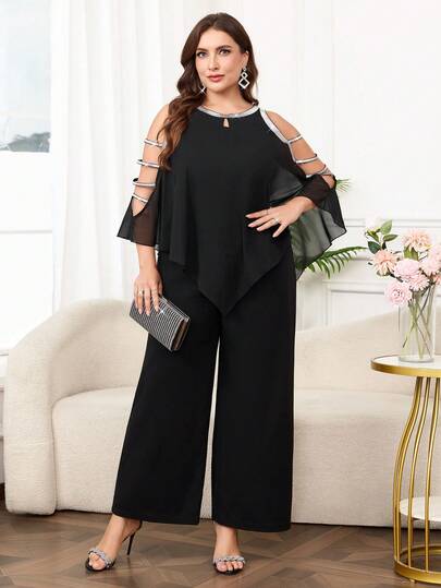 Reflora Bộ jumpsuit cỡ lớn phối màu, khoét rỗng, xếp nếp, thanh lịch.