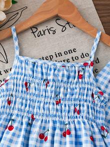 SHEIN Elladie kids Conjunto infantil feminino com blusa regata e calça pantalona com estampa xadrez de cerejas, perfeito para o dia a dia e para ocasiões especiais. - Azul - Ver 8