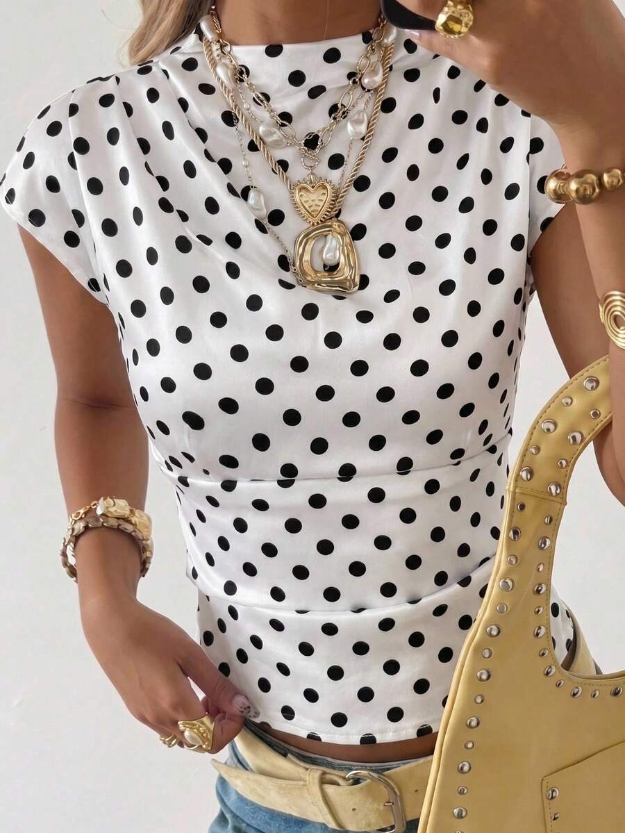 SHEIN EZwear 女士立领短袖白色底波点修身衬衫 - 黑與白 - 查看 1