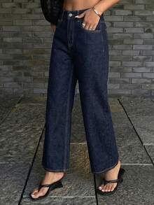 Jeans casuales de pierna recta y tobilleros para mujer - Azul lavado oscuro - Ver 5