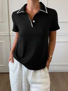 DAZY Tricou de vară pentru femei, cu guler polo, culoare contrastantă, mânecă scurtă, casual, pulover - Negru - Vizualizare 4