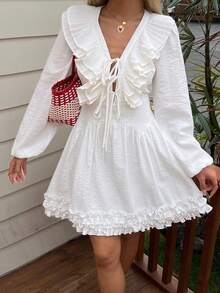 Livesso Cotton Ruffled Tie Waist Long Sleeve Mini Dress For Women - White - View 7