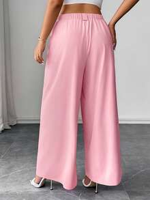 Elenzga Plus Size Casual Solid Color Wide Leg Pants Fall Cloth For Women - Pink - View 2