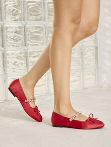 MOTF Zapatos planos vintage cómodos y casuales con detalles de strass y decoración de lazo - Rojo - Ver 5