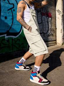 Manfinity Roghcode Beige shorts med haklapp för män, mångsidig jumpsuit i amerikansk retrostil - Beige - Visa 3
