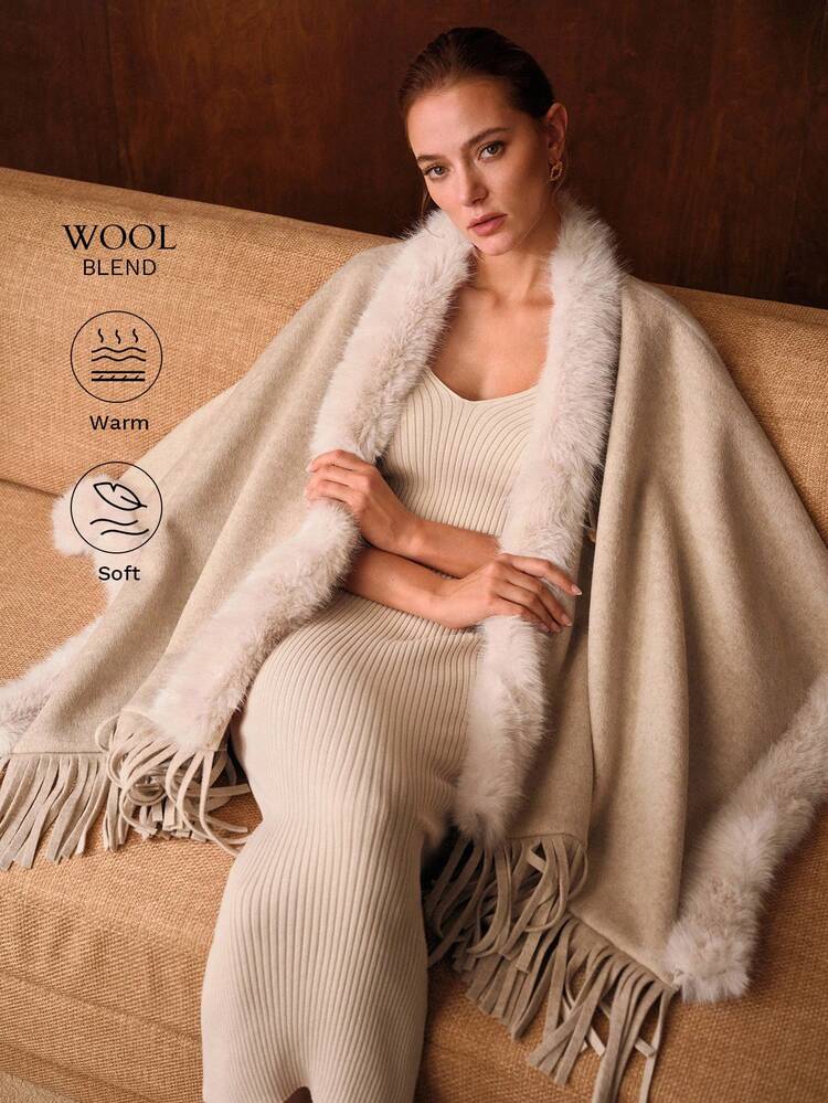 FUZZY TRIM DECORATED BUTTON ELEGANT AND SOPHISTICATED FAUX FUR CLOAK