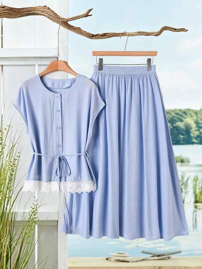 Rusticease Birthday Party Blue Women's Lace Patchwork Twist Short Sleeve Top And Mini Skirt Elegant 2 Pieces Set Summer Outfits For Women Festival Outfits For Women Going Out Outfits Elegant Women's Set Casual Sets For Women Country Concert Outfit