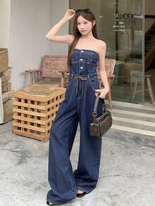 DAZY Bộ jumpsuit denim nữ màu trơn, không dây vai, kiểu dáng casual, có túi hai bên. - Rửa tối - Xem 6