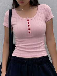 Dazy Star Áo cardigan nữ dáng ôm, màu trơn, cổ tròn, cài nửa cúc, chất liệu dệt kim gân, thích hợp mặc đi làm, mùa hè. - Hồng - Xem 4