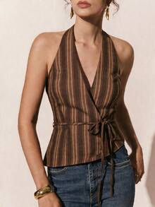 Poéselle 女士拼接撞色露背吊带休闲百搭日常上衣 - 咖啡棕 - 查看 1