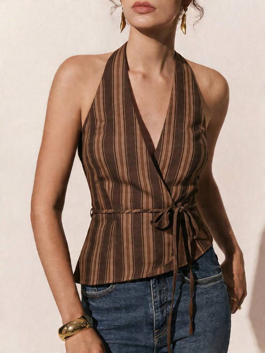 Poéselle 女士拼接撞色露背吊带休闲百搭日常上衣 - 咖啡棕 - 查看 1