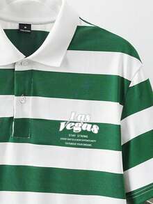 Manfinity Joysei Men's Casual Minimalist Letter Print Green & White Striped Polo Shirt, Suitable For Summer Outings And School - Green - View 2