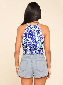 Coeurva Top halter con estampado integral para mujer, de verano, playa, vacaciones y fiesta, estilo boho elegante, top corto casual, para invitada de boda y cumpleaños - Azul y blanco - Ver 3