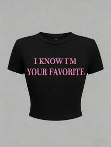 Maweii Plus Size I Know I'm Your Favorite Women's Summer Y2K Baby Pink Slogan Cropped T-Shirt I KNOW I'M YOUR FAVORITE - Black - View 3