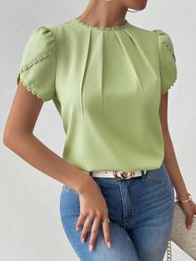 Rafferiza Blusa elegante y casual de mujer con cuello de encaje de unicolor, parche y volantes, manga de pétalos - Verde - Ver 4