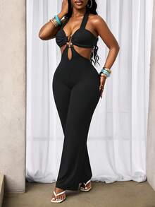 SHEIN BamGlam Bộ jumpsuit không tay màu trơn, kiểu cổ yếm, hở lưng, khoét eo, thanh lịch, thích hợp cho mùa hè. - màu đen - Xem 3