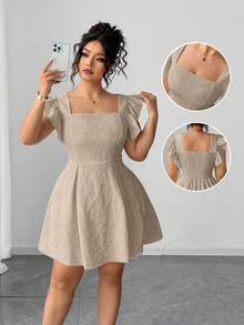Elenzga Plus Size Summer Jacquard Square Collar Ruffle Hem Elegant Dress Beige Linen - Khaki - View 8