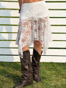 SHEIN EZwear 女士夏季沙滩度假白色蕾丝薄纱不对称下摆低腰半身裙（不含腰带） - 白色 - 查看 5