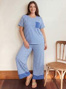 Doze Lane Striped Contrast Color Block Plus Size Short Sleeve Pajama Set - Multicolor - View 6