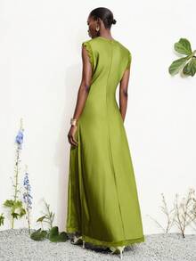 Aveloria Modichic Luxury Party V-Neck Satin Contrast Lace Asymmetric Hem Sleeveless Dress, Olive Green, Side Slit, Elegant For Vacation, Party, Evening, Work, Versatile - Green - View 5