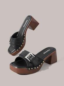 Styleloop Women's Square Toe Buckle With Decorative Pu Fabric, Fashionable, Simple, Breathable And Comfortable, Daily Party And Banquet With One Heel Sandals, Holiday Atmosphere, Summer Wear, A Must For Travel - Black - View 5