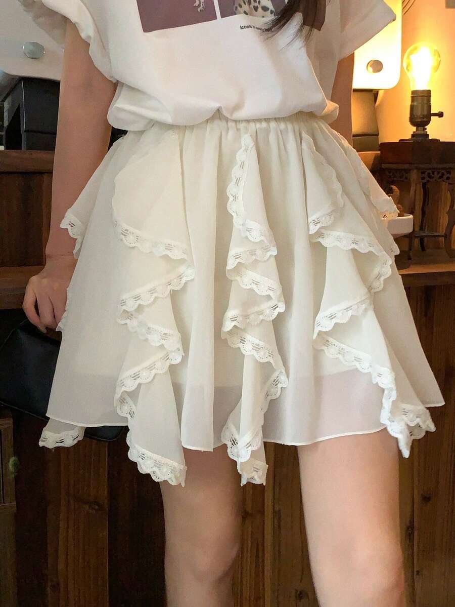 DAZY Women's Solid Color Patchwork Ruffle Hem Elastic Waist Casual Cute Vacation Summer Skort Off-White School - Apricot - View 1