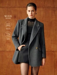 MOTF PREMIUM WOOL PEAK COLLAR FLAP DETAIL BELTED PEA OVERCOAT - Dark Grey - View 2
