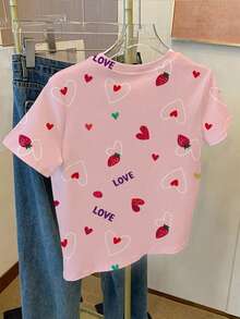 Girl & Teen Girls' Cropped T-Shirt With All-Over Strawberry & Tropical Fruit Print, Fitted, Sweet & Casual, Suitable For Spring, Summer, Autumn, Winter - Multicolor - View 2