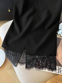 SHEIN Tall CURVE 大码纯色简约设计蕾丝拼接夏季半身裙 - 黑色 - 查看 3