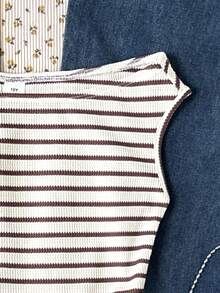 少女条纹针织休闲简约波点印花不对称褶皱短款上衣，适合春夏穿着，休闲个性风格，日常百搭。 - 杏色 - 查看 5