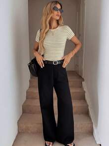 Women's Striped Crew Neck Short Sleeve Casual Versatile T-Shirt Stripe Top Womens Casual Outfit Women's Classic Striped Short Sleeve T-Shirt Crew Neck Casual Basic Top Fashionable Striped T-Shirt For Women Short Sleeve Crewneck Fitted Casual Top - Multicolor - View 6