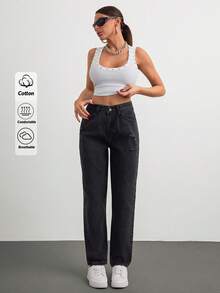 Casual Low Waist 90's Baby Blue Denim Wide Leg Jean - Black - View 1