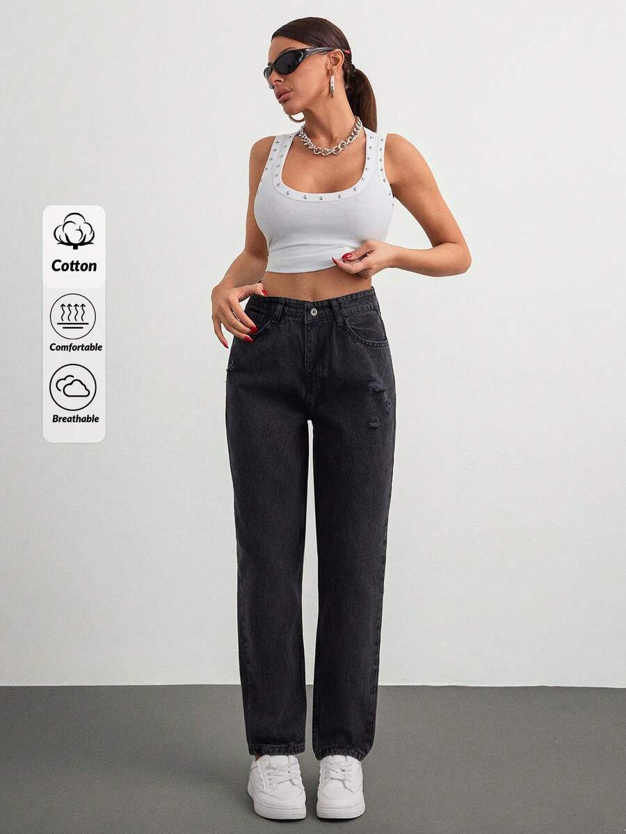 Casual Low Waist 90's Baby Blue Denim Wide Leg Jean - Black - View 1