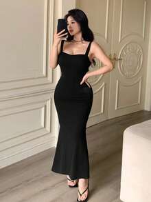 Joudiya Đầm đen, dáng ôm, thích hợp cho các lễ hội âm nhạc, ngày Valentine, đám cưới, dạo phố, kỳ nghỉ biển, đầm midi hai dây cho nữ, đầm hè mùa xuân cho nữ. - màu đen - Xem 5